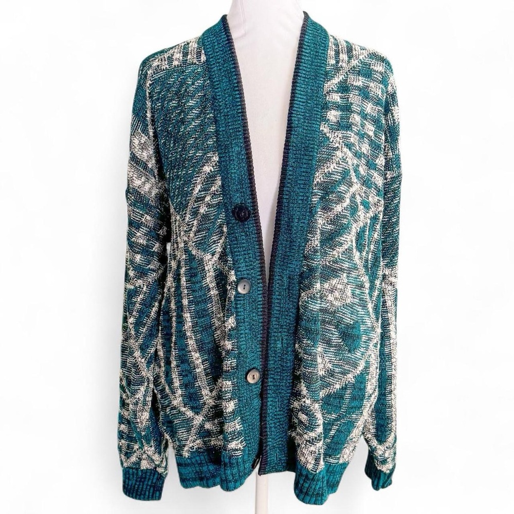 Vintage 90’s American Crusader Teal and White Knit Cardigan